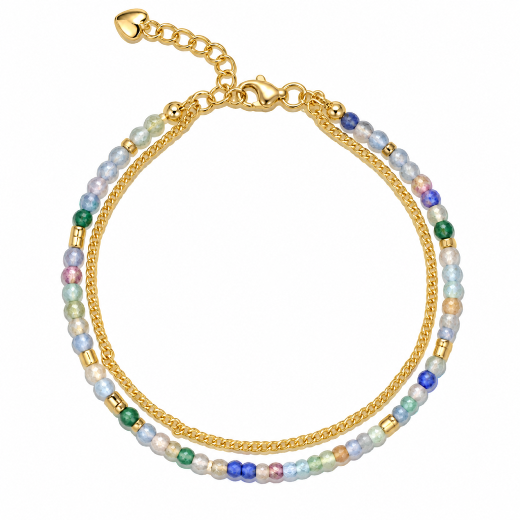 Multicolor petite faceted bead and gold-tone double-strand bracelet arranged on white.