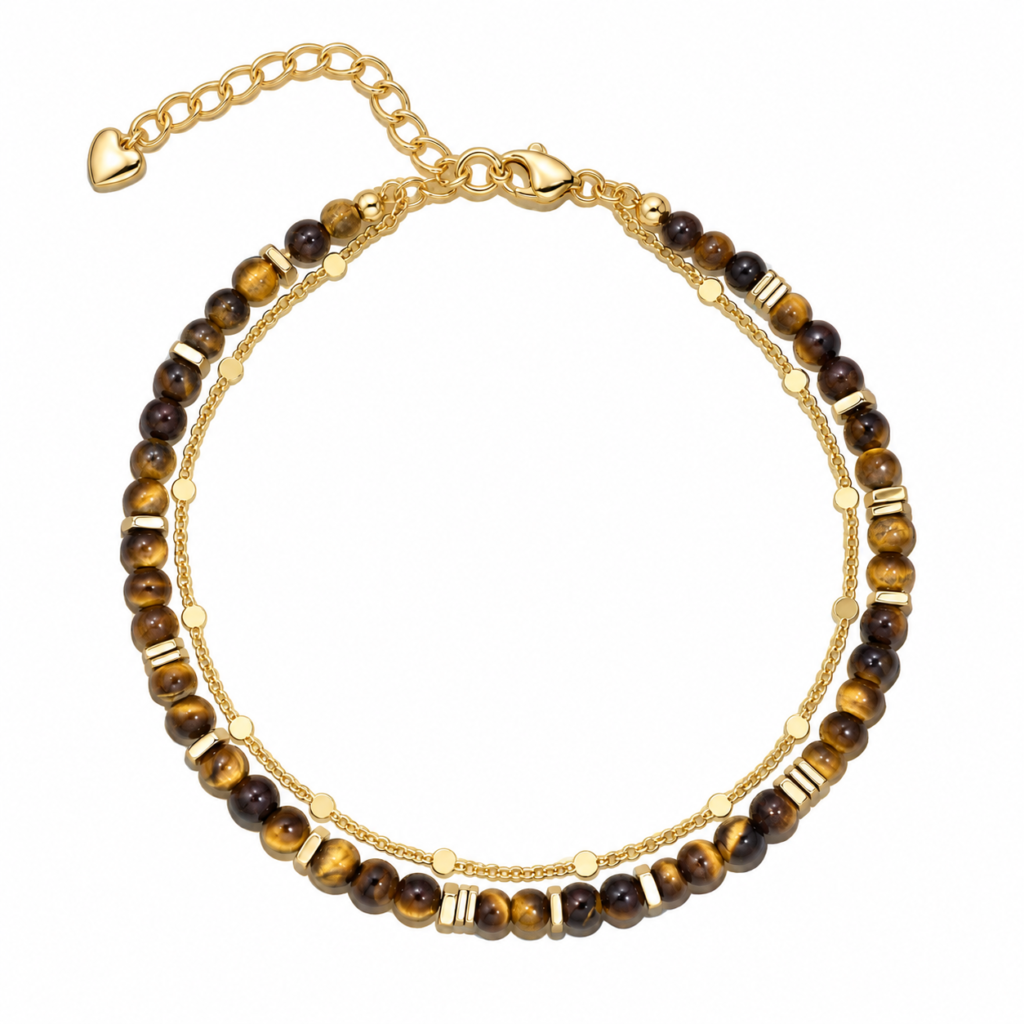 Golden-brown and dark brown bead double-strand bracelet with gold-tone details on white.