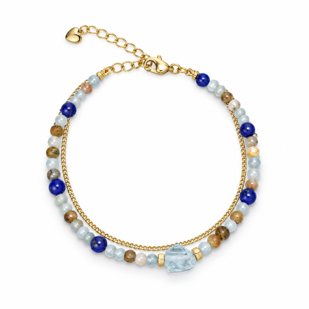 Blue and earth-tone bead double-strand bracelet with pale-blue focal bead on white.