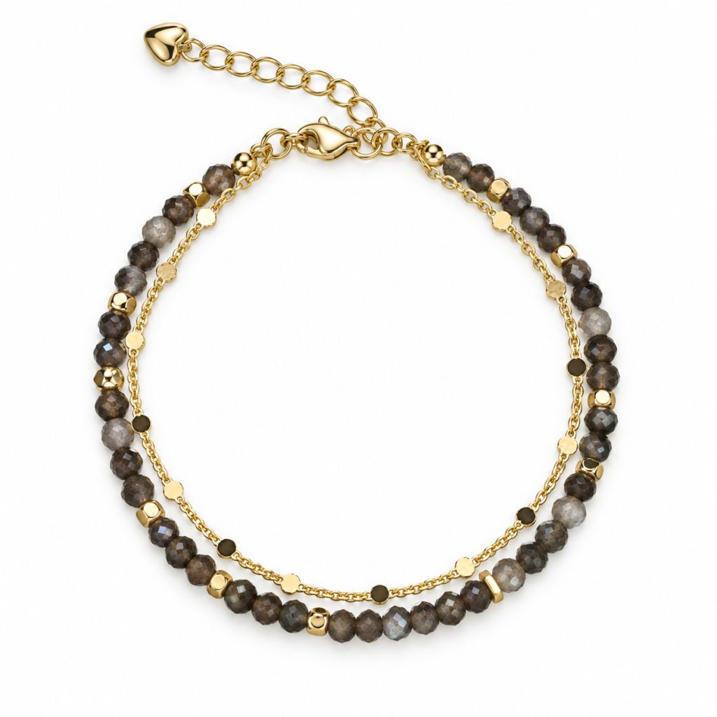 Smoky brown faceted bead double-strand bracelet with gold-tone accents on white.