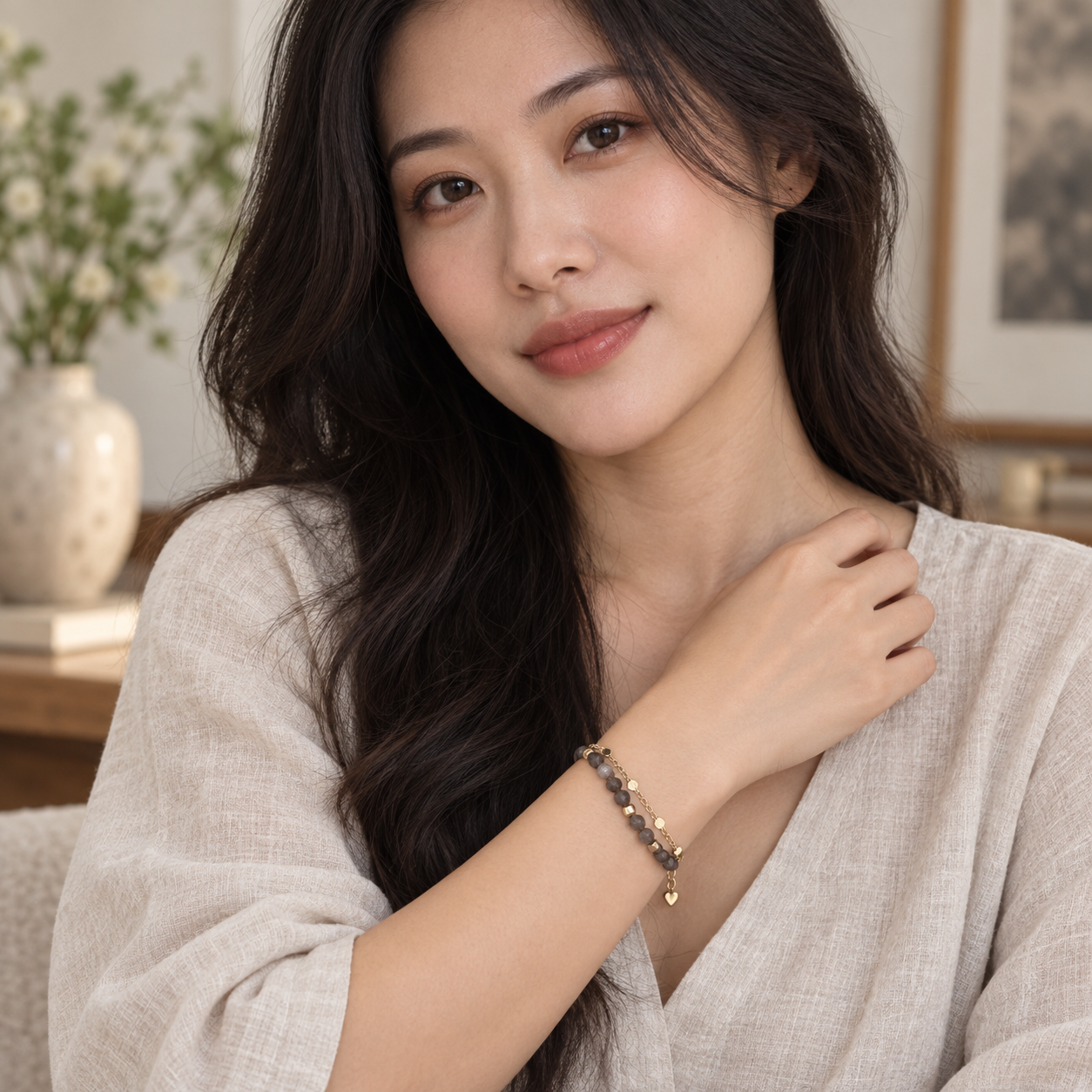 Adult model wearing the smoky brown and gold-tone double-strand bracelet.