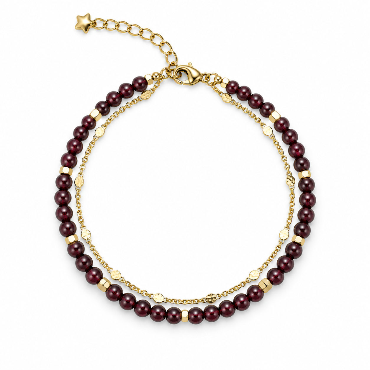 Burgundy-red bead double-strand bracelet with gold-tone star charm on white.