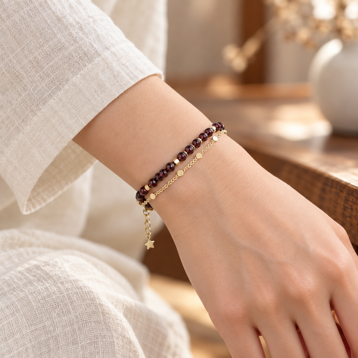 Close wrist view of the burgundy-red bead star-charm bracelet.