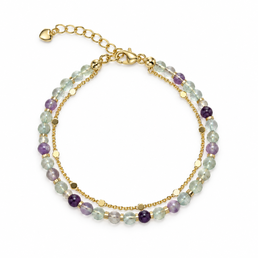 Pale-green, clear and violet bead double-strand bracelet with gold-tone details on white.