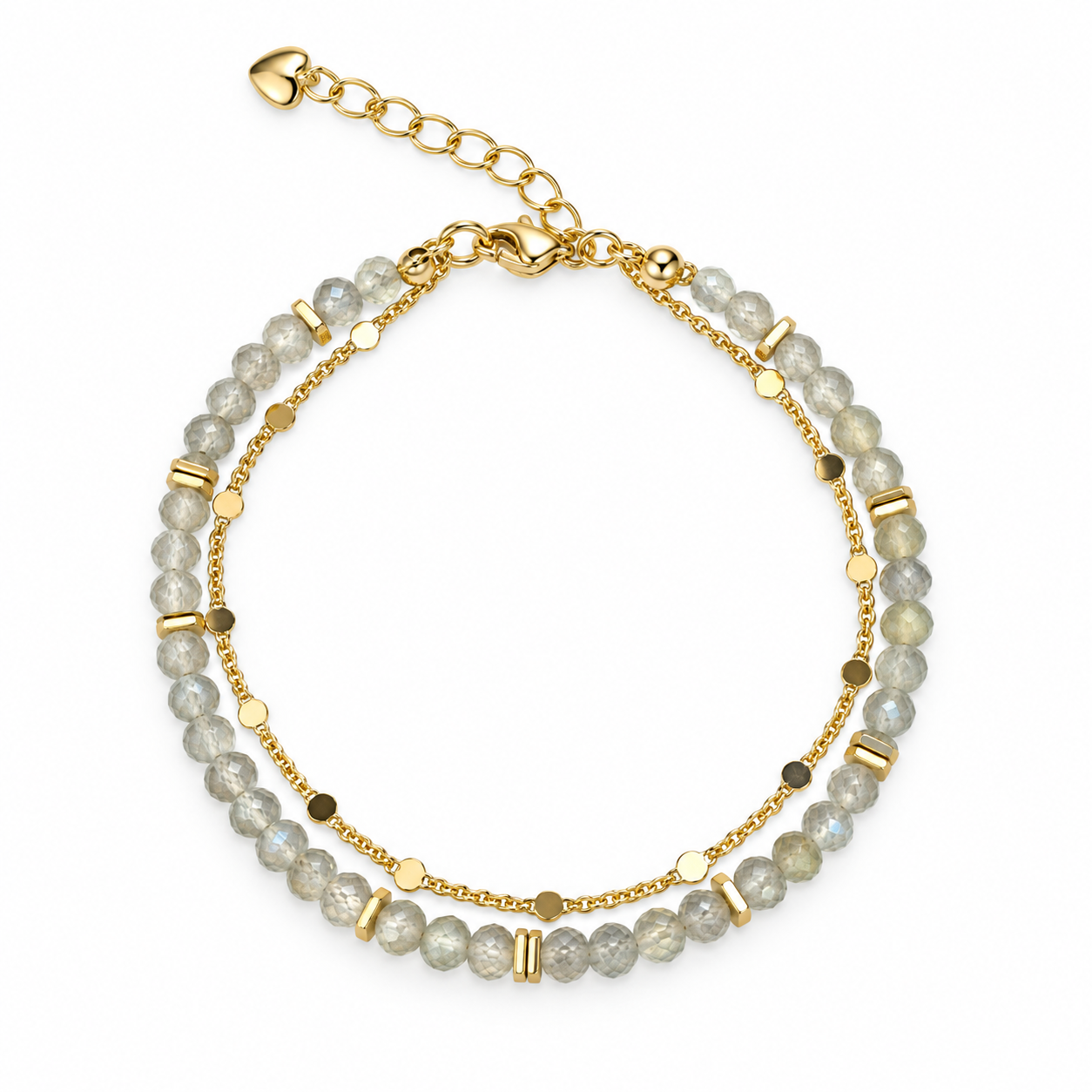 Soft gray faceted bead double-strand bracelet with gold-tone details arranged on white.