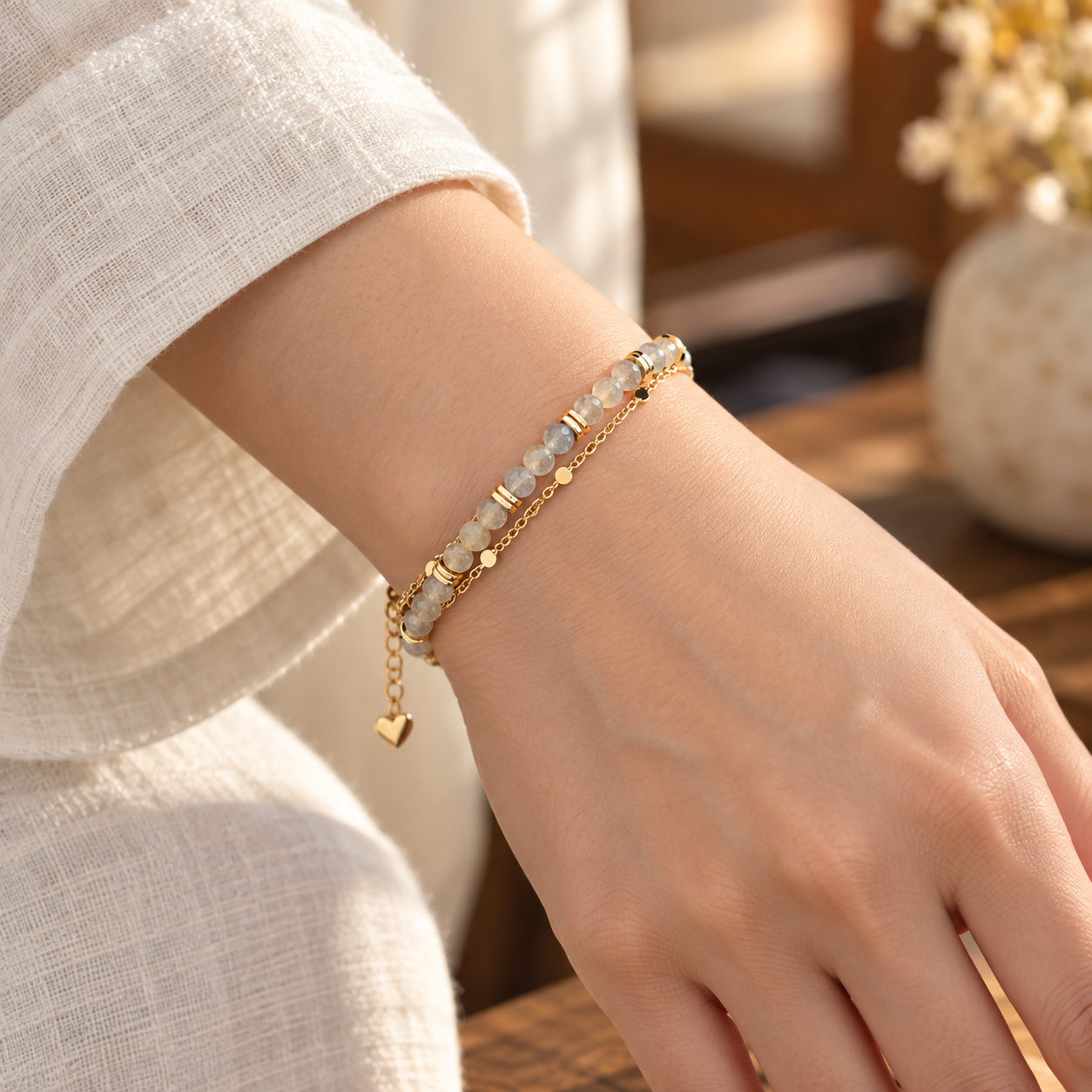 Close wrist view of the soft gray faceted bead double-strand bracelet.
