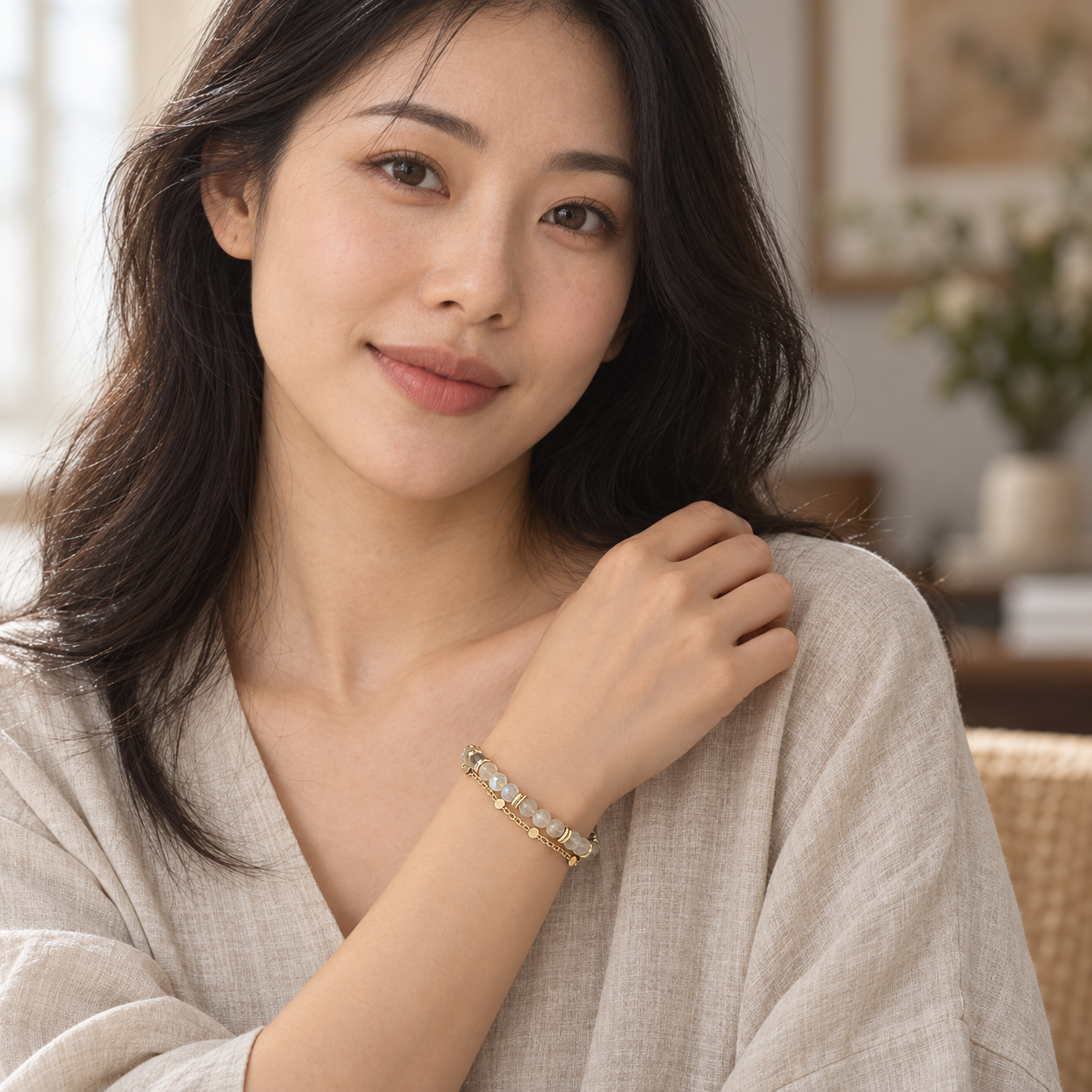 Adult model wearing the soft gray and gold-tone double-strand bracelet.