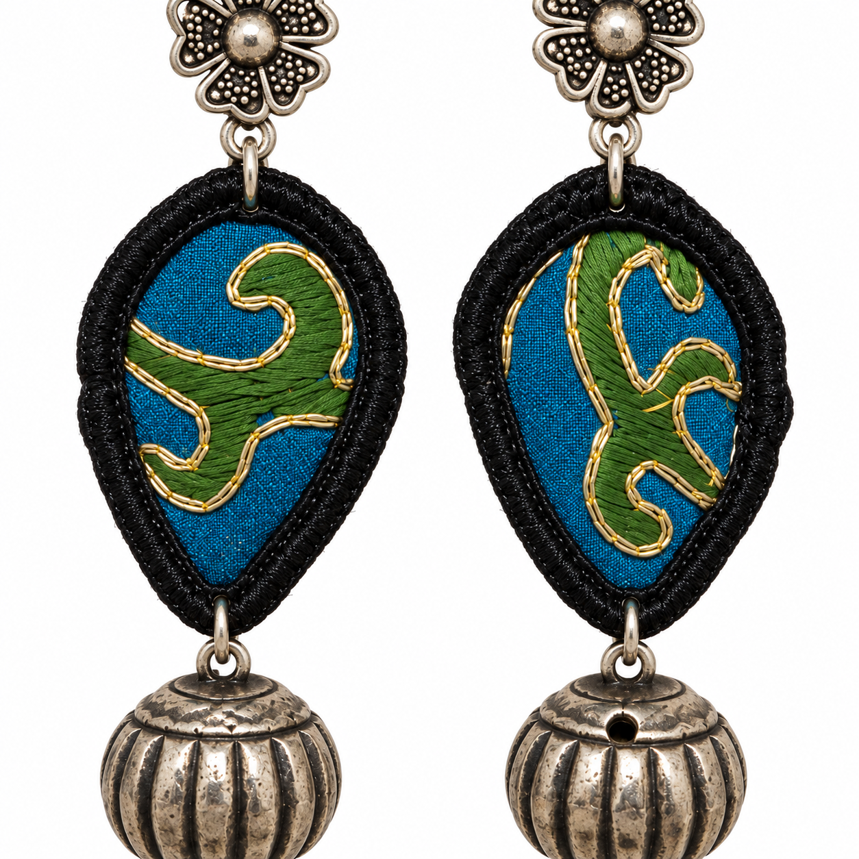 Close detail of the Miao embroidery and silver fittings on the Blue-Green Miao Embroidery Bell Earrings pair.