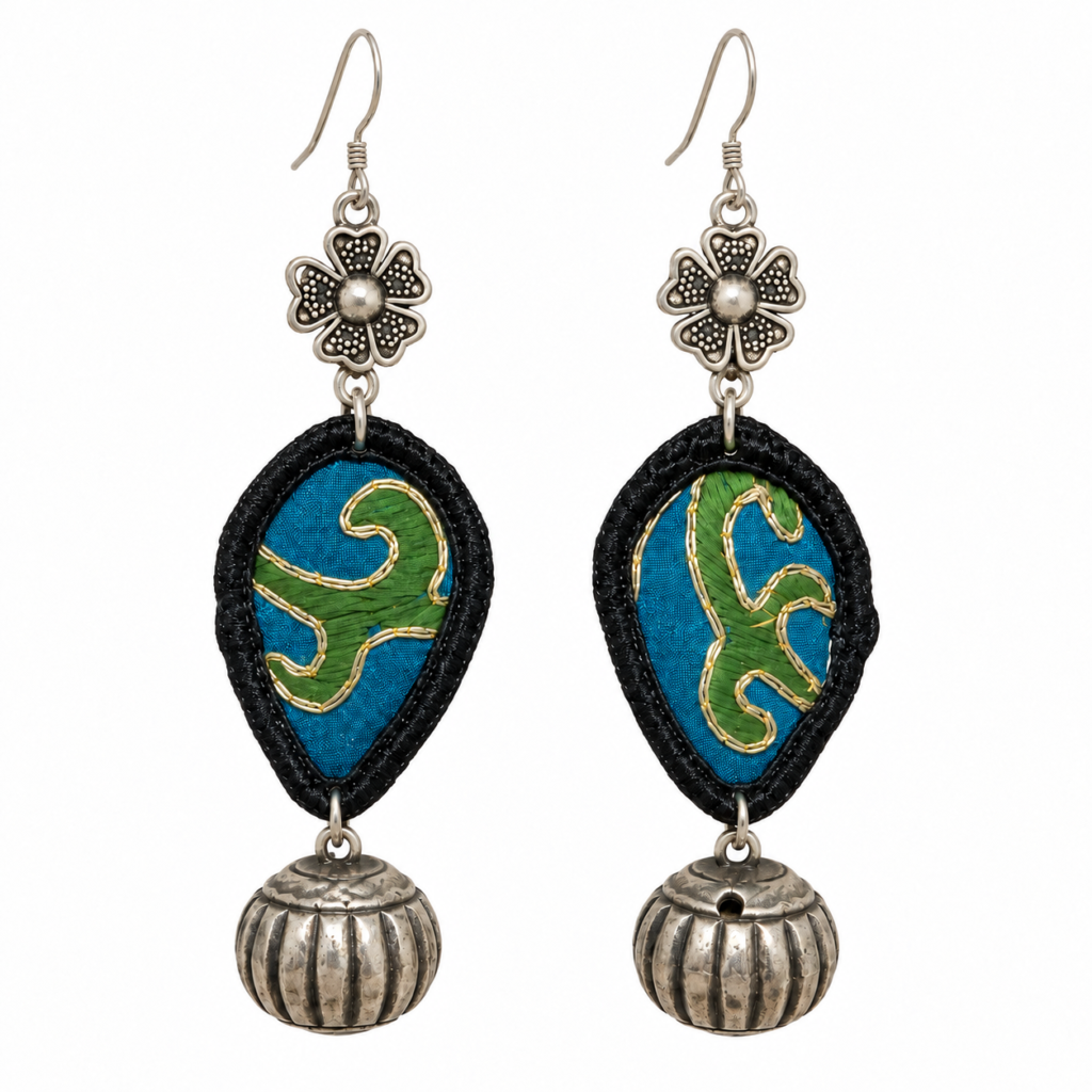 Full pair of Blue-Green Miao Embroidery Bell Earrings on a white background, showing the embroidery and Miao-silver fittings.