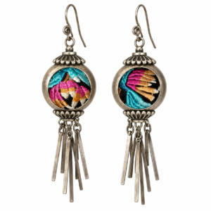 Full pair of Miao Embroidery Cup Tassel Earrings on a white background, showing the embroidery and Miao-silver fittings.