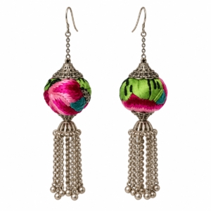 Full pair of Pink-Green Miao Embroidery Chain Tassel Earrings on a white background, showing the embroidery and Miao-silver fittings.