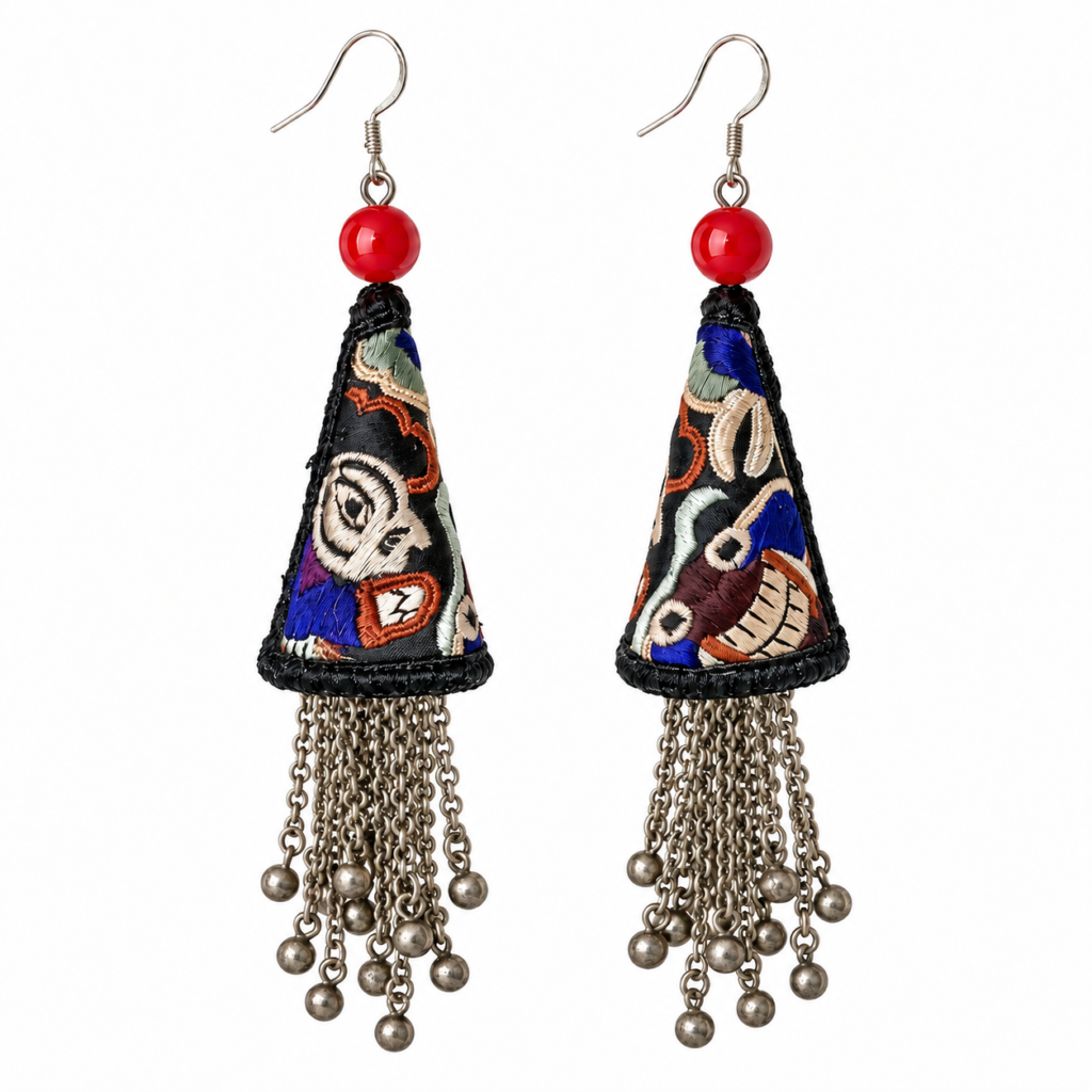 Full pair of Black Miao Embroidery Cone Tassel Earrings on a white background, showing the embroidery and Miao-silver fittings.