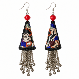 Full pair of Black Miao Embroidery Cone Tassel Earrings on a white background, showing the embroidery and Miao-silver fittings.