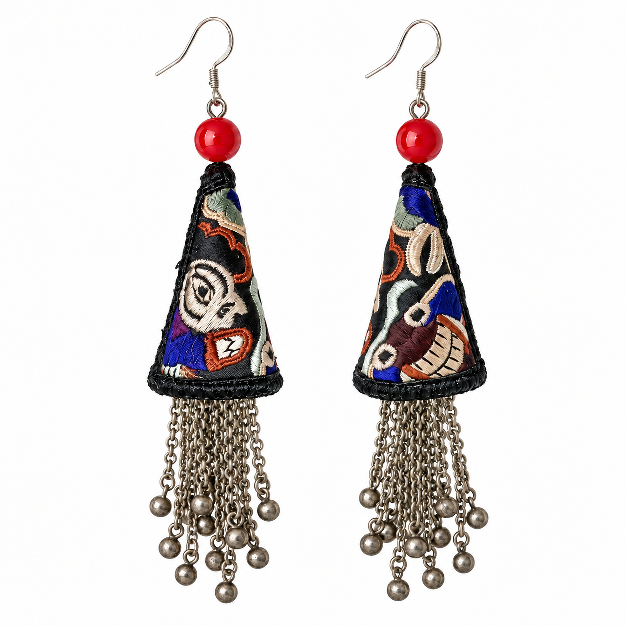 Full pair of Black Miao Embroidery Cone Tassel Earrings on a white background, showing the embroidery and Miao-silver fittings.