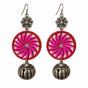 Full pair of Pink Spiral Miao Embroidery Bell Earrings on a white background, showing the embroidery and Miao-silver fittings.