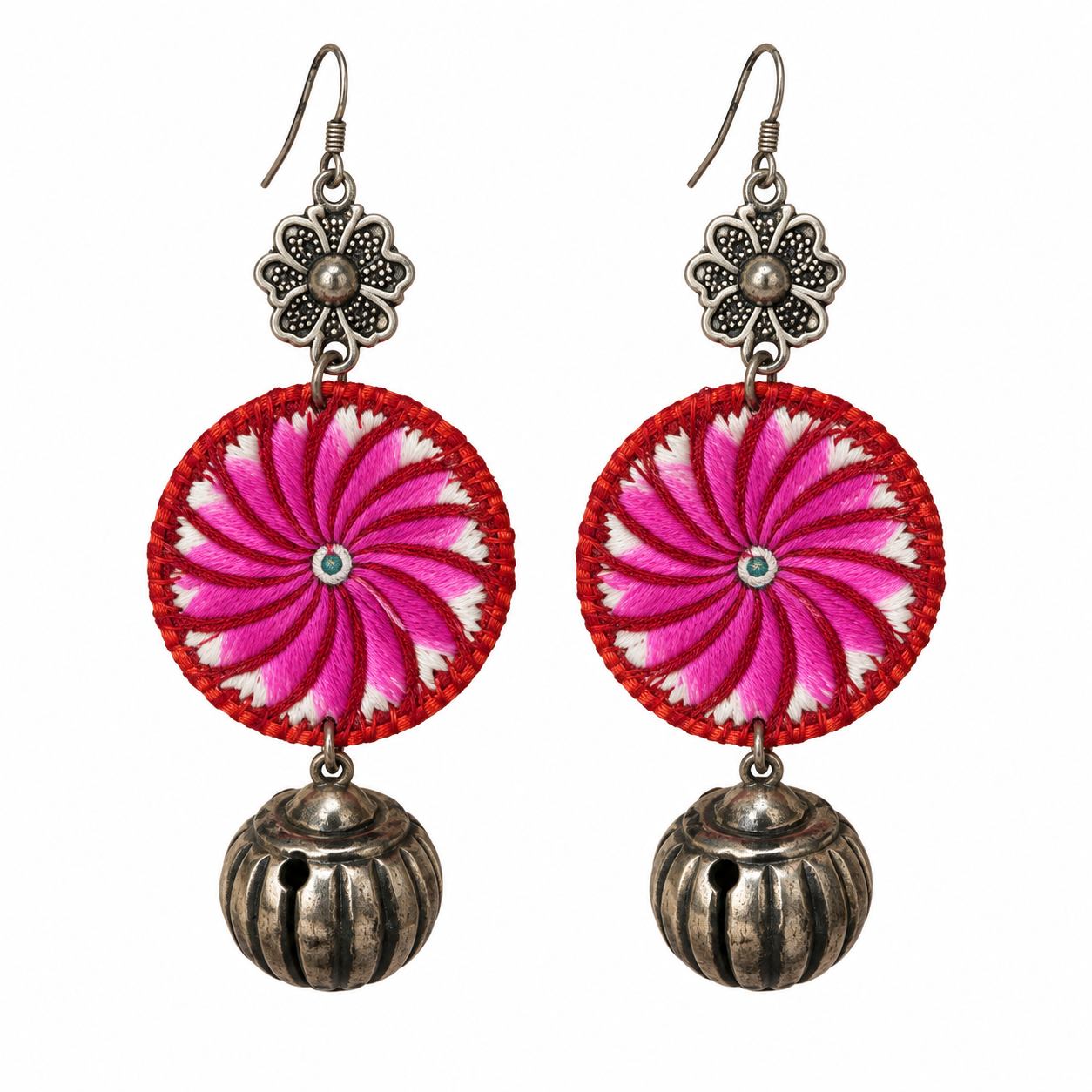Full pair of Pink Spiral Miao Embroidery Bell Earrings on a white background, showing the embroidery and Miao-silver fittings.